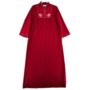 VTG Lorraine Red Half Zip Floral Embroidered Robe Gown Lounger Womens Medium USA